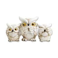 HEAR SEE SPEAK NO EVIL OWL HORIZONTAL STATUE (WHITE)